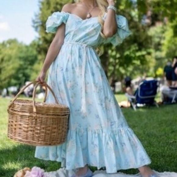 Love Shack Fancy X Target Estelle Blue Floral Puff Sleeve Midi Dress Size 10 NEW - Picture 1 of 6